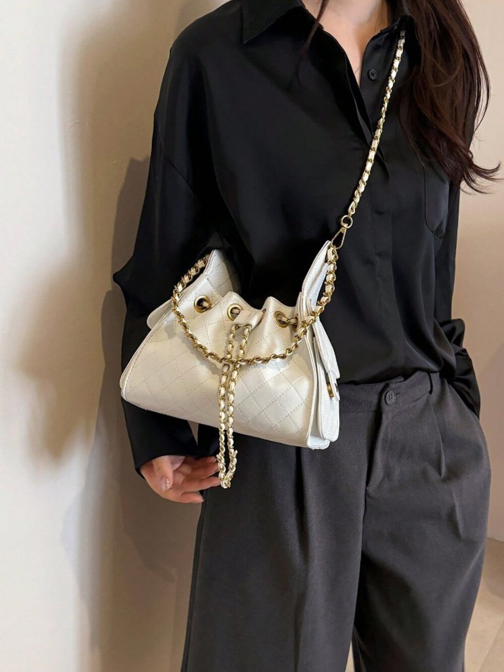 White Casual Women's Rhombus Embroidery Small Square Dual Chain Crossbody Bag - Picture 2 of 8